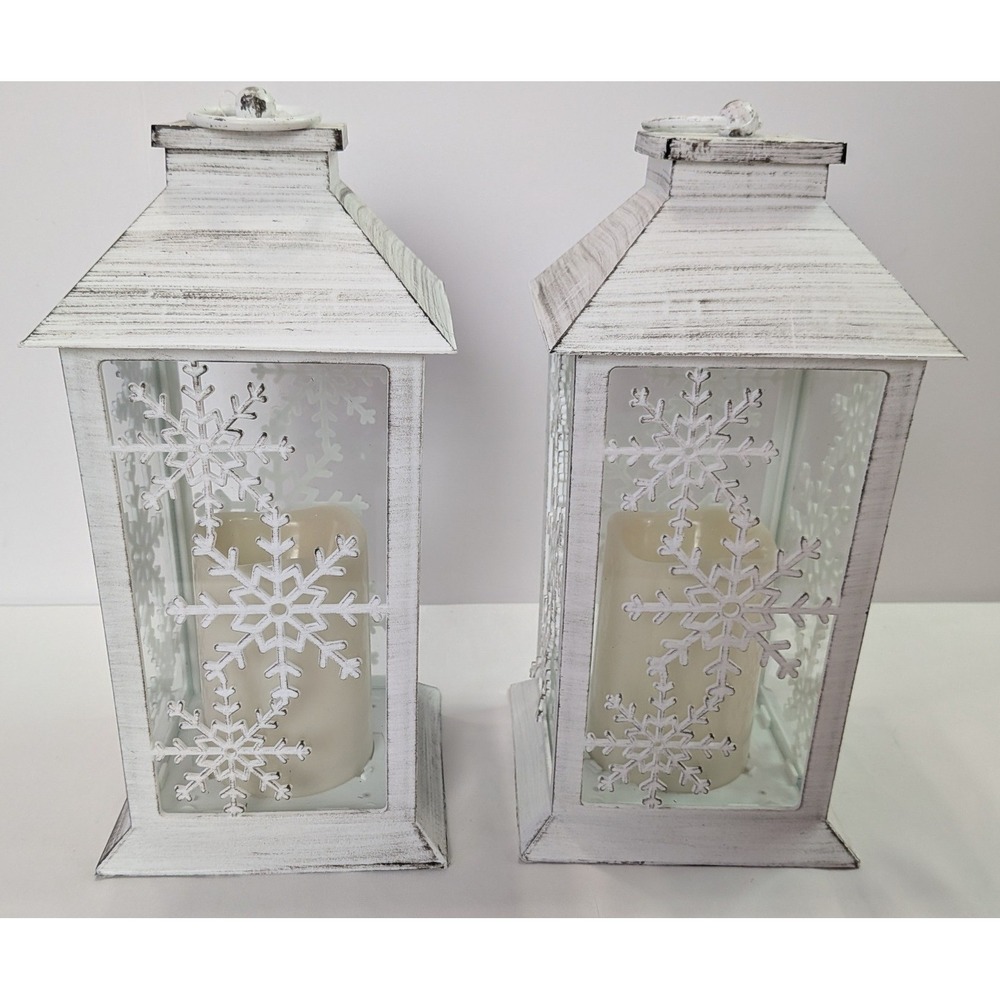Snowflake Lanterns Set of 2 White Excellent Distressed LED Candles